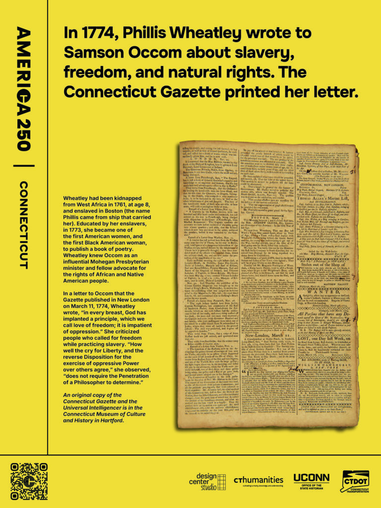 Poster featuring Phillis Wheatley's letter to Samson Occom, printed in the Connecticut Gazette