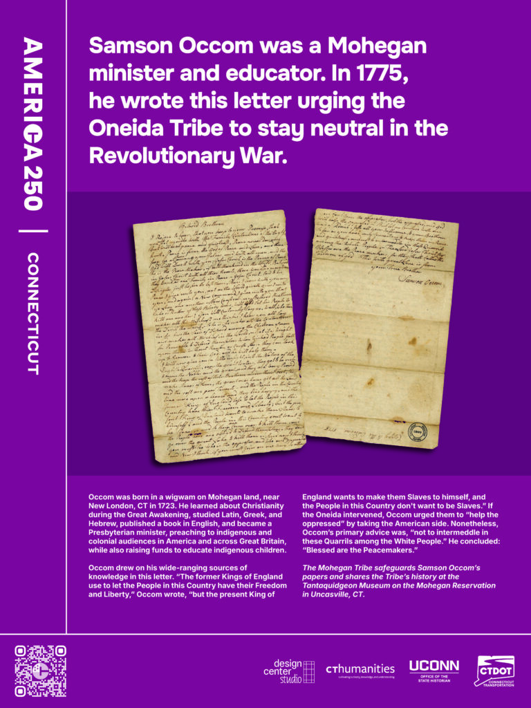 Poster featuring a handwritten letter by Samson Occom
